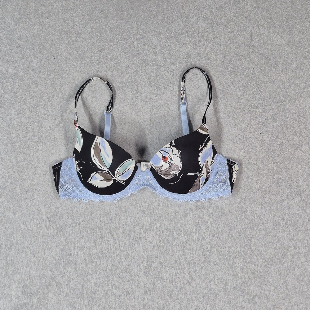 Calvin Klein Women Bra 36A Blue Floral Push Up Underwired Lace Adjustable Straps